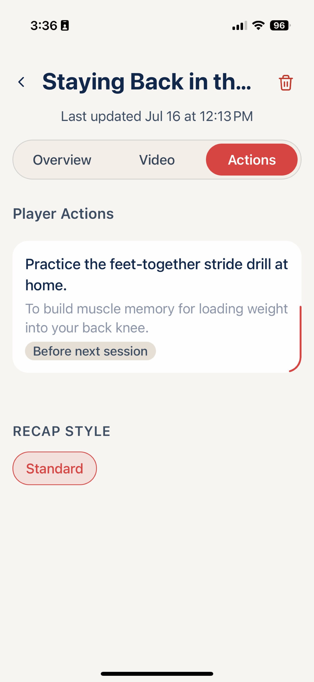 Dynamos mobile session actions screen with a recommended drill and timing